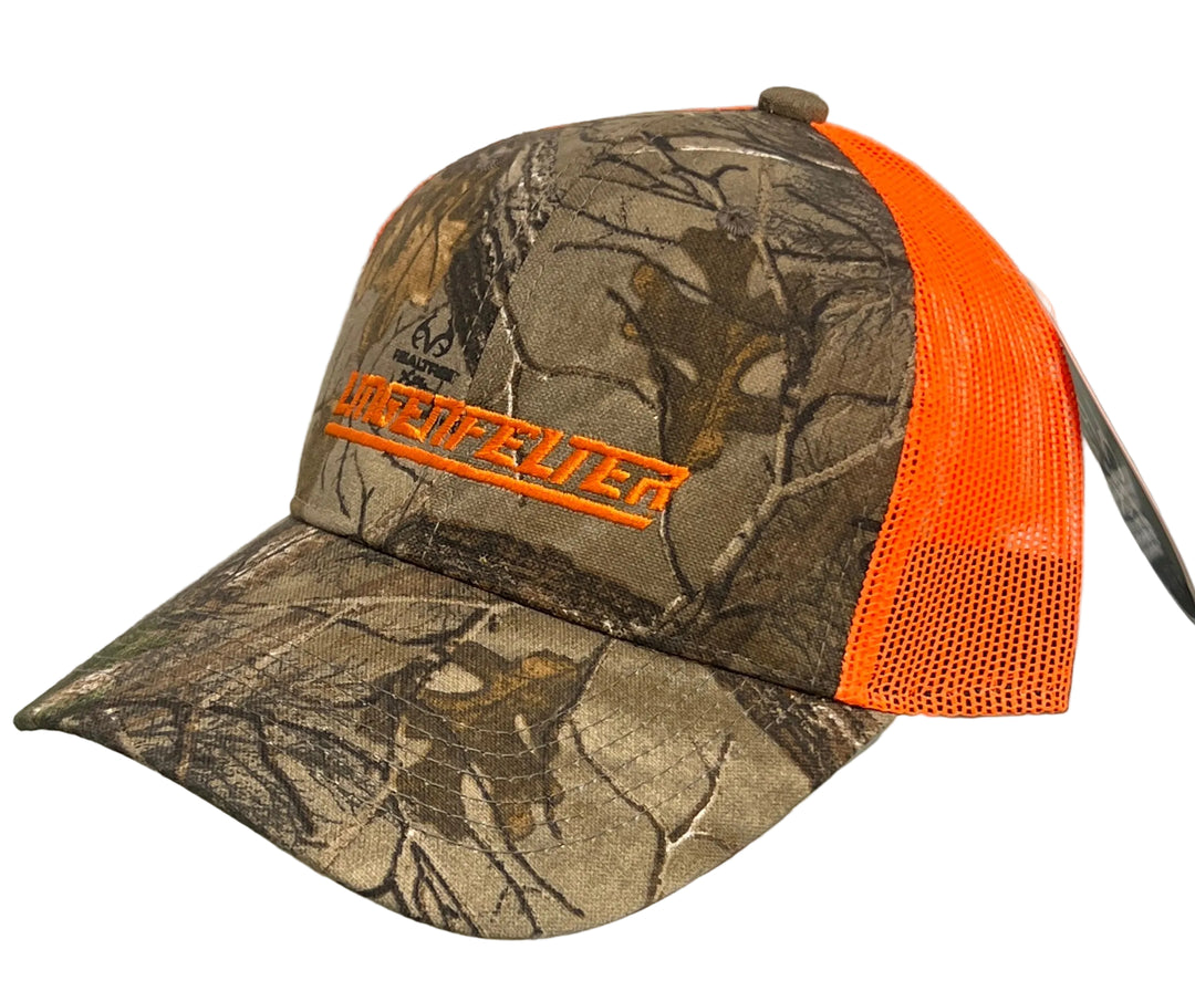 side view lingenfelter hat green tree design neon orange mesh