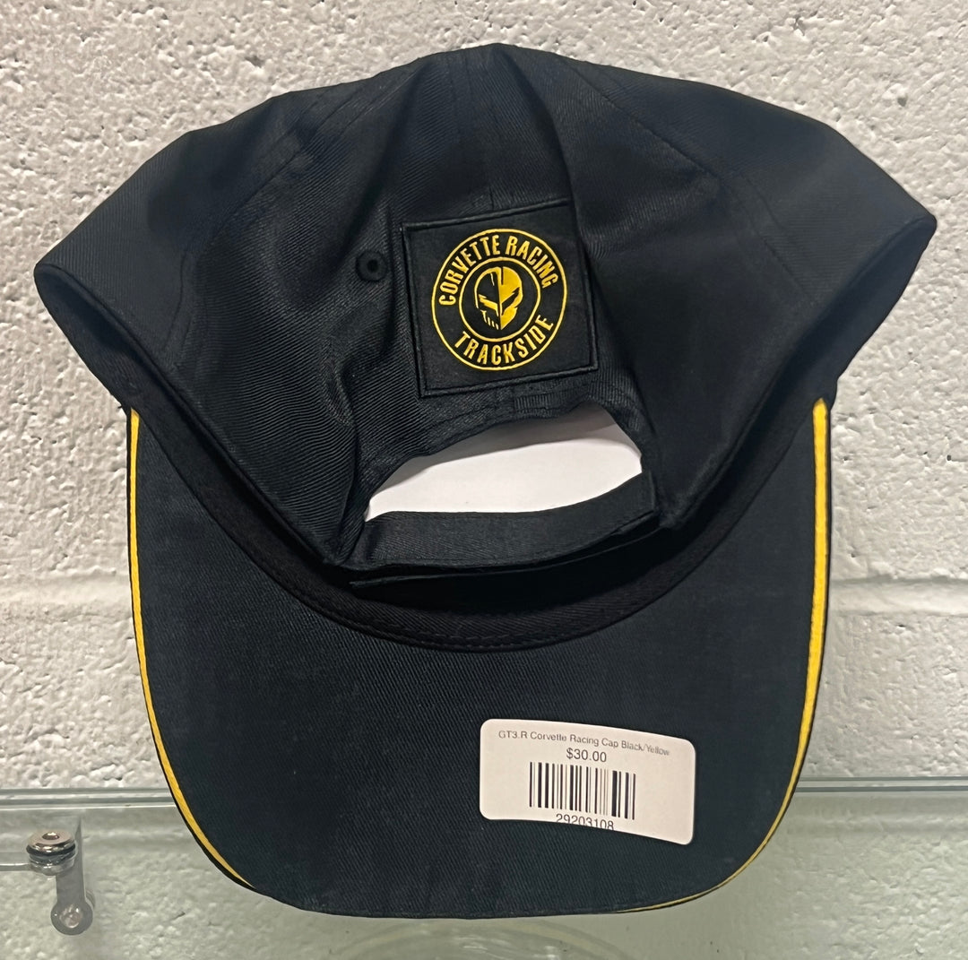 Black and yellow GT3.R Corvette racing cap with embroidered logo by Lingenfelter Performance Engineering.
