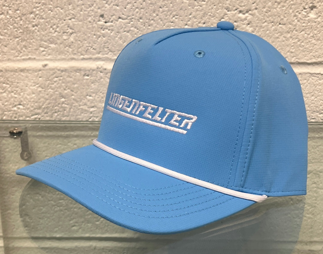 Blue cap with white logo on a textured wall background