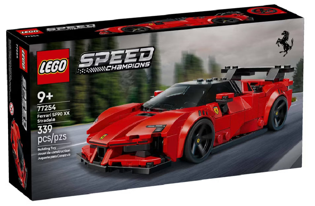 LEGO Speed Champions Ferrari SP90 XX Stradale packaging on a road background