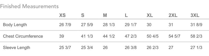 Measurement chart for clothing sizes XS to 3XL with body length, chest circumference, and sleeve length details.