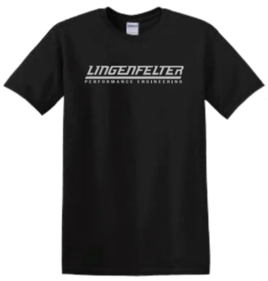 Black t-shirt with 'Lingenfelter Performance Engineering' text on a white background