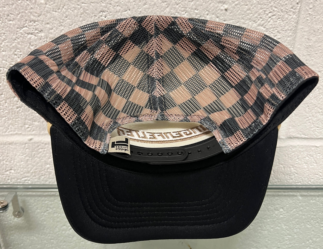 Lingenfelter Race Gear ladies trucker hat with black and brown checkered pattern, adjustable mesh back, and curved brim.