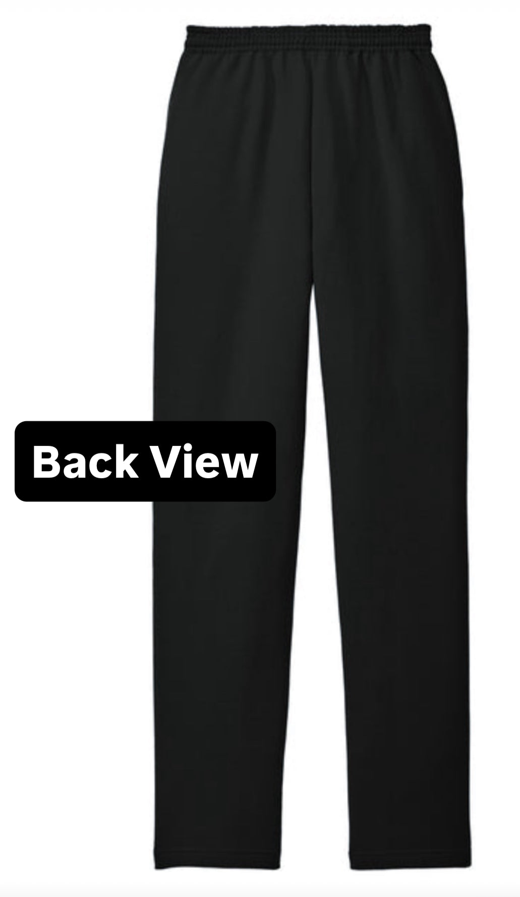Black pants shown from the back on a white background with 'Back View' label.