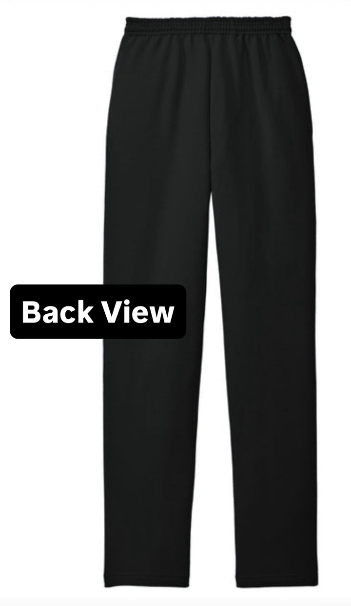 Black pants shown from the back on a white background with 'Back View' label.
