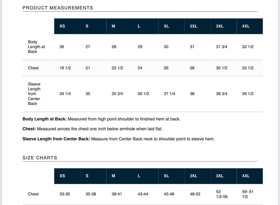Product measurements chart for clothing sizes XS to 4XL