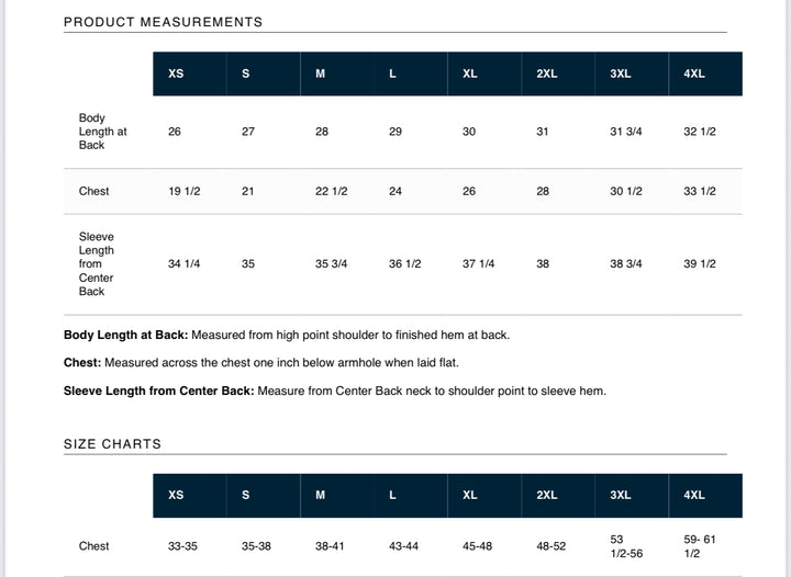 Product measurements chart for clothing sizes XS to 4XL