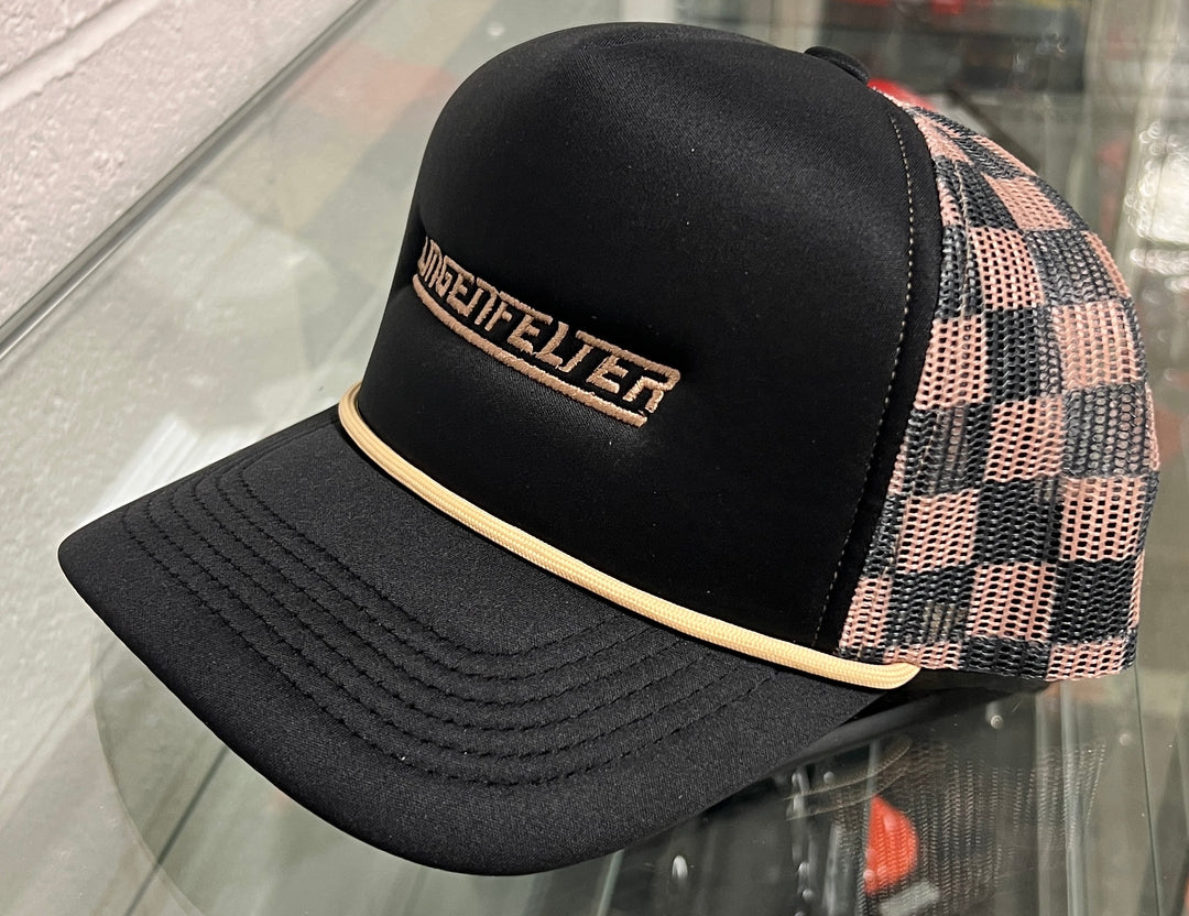 Lingenfelter Race Gear ladies trucker hat with black and brown checkered pattern, adjustable snapback and mesh sides.