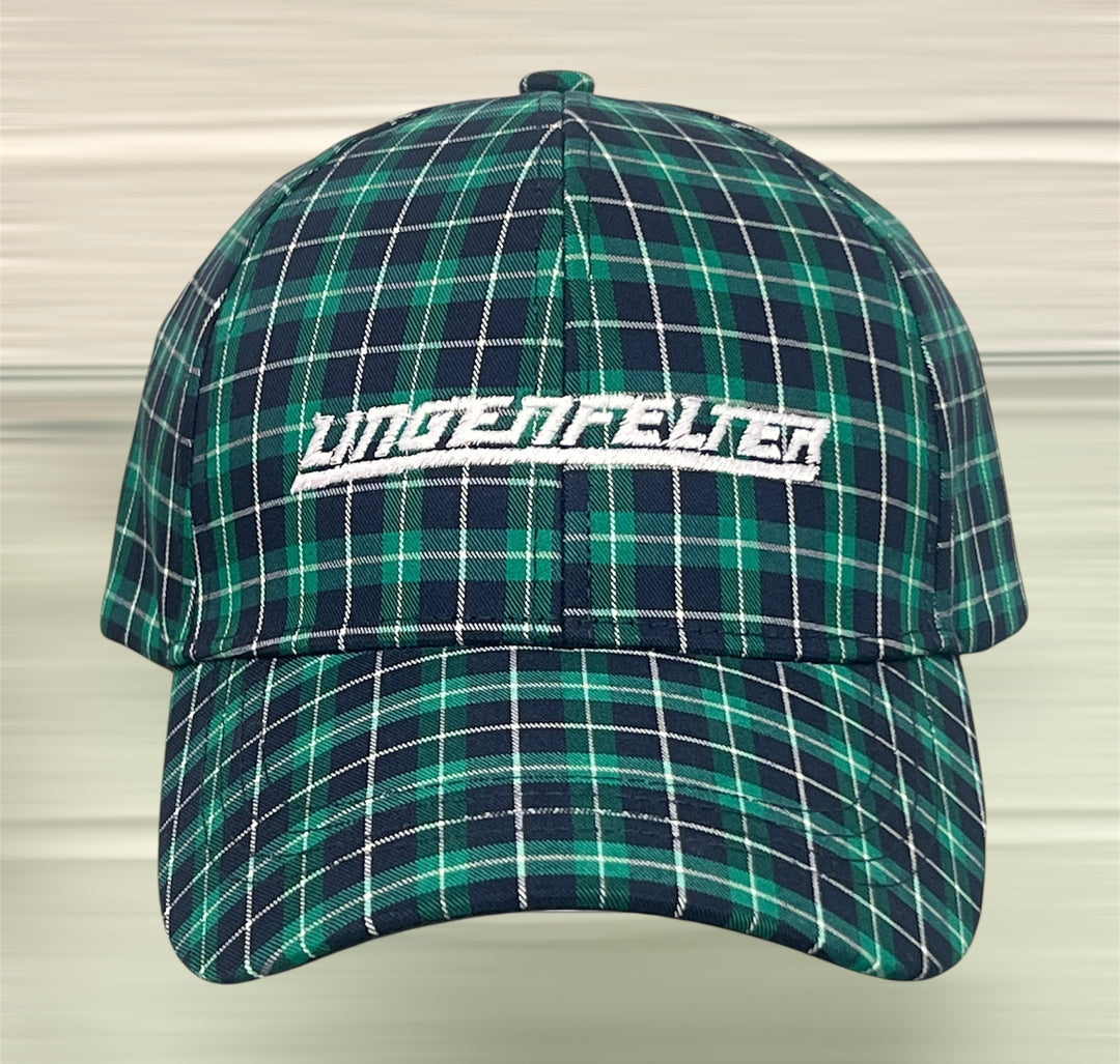 Green plaid cap with 'Lingenfelter' logo on a neutral background