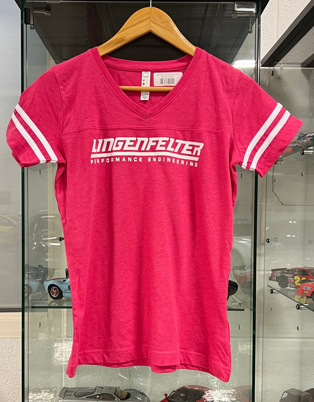 Team Lingenfelter ladies vintage hot pink shirt, full view of the stylish women's top with a classic fit and vibrant color.
