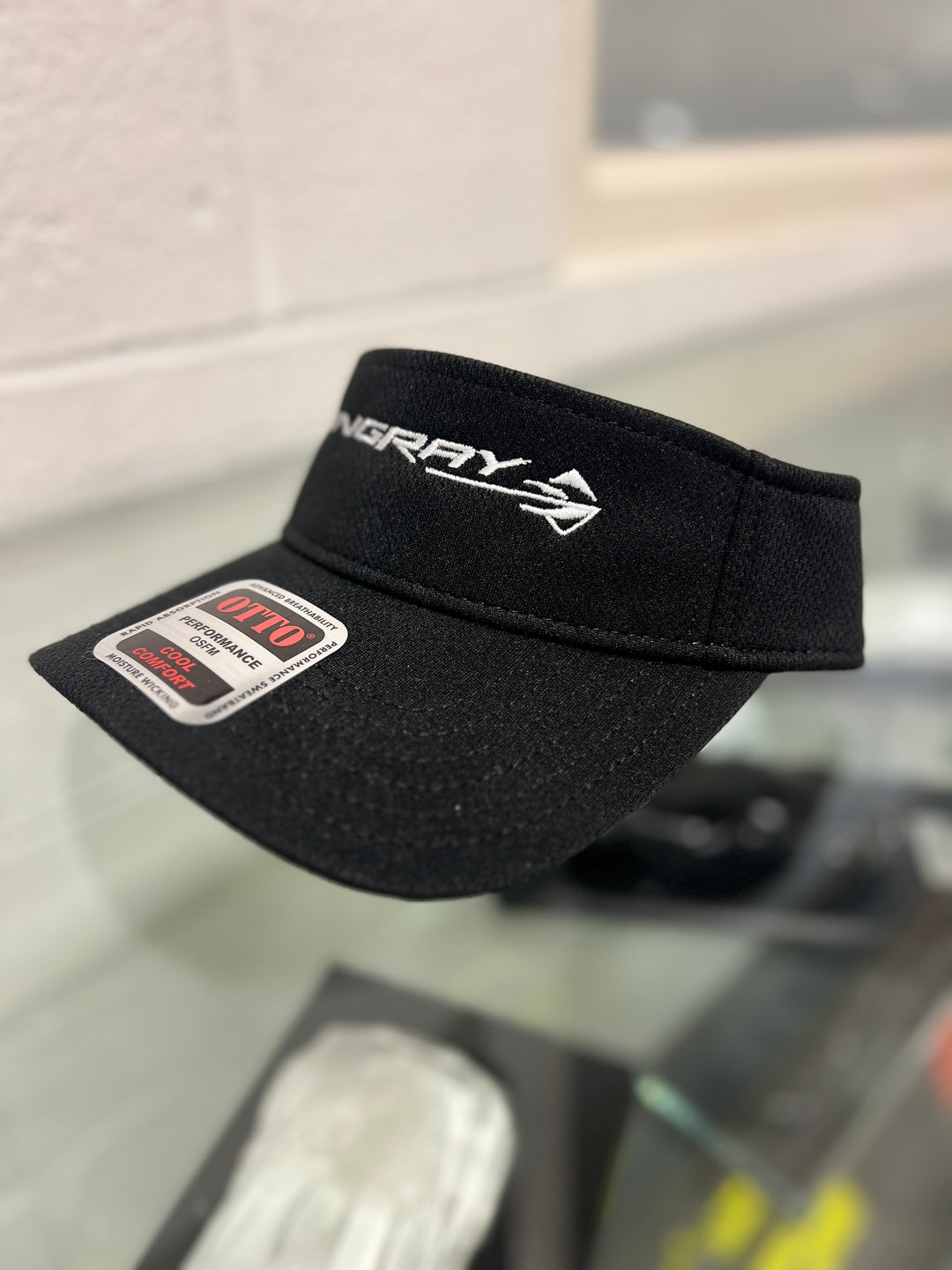 Black Corvette C7 Corvette Stingray visor hat for men, stylish accessory with adjustable strap and embroidered logo.