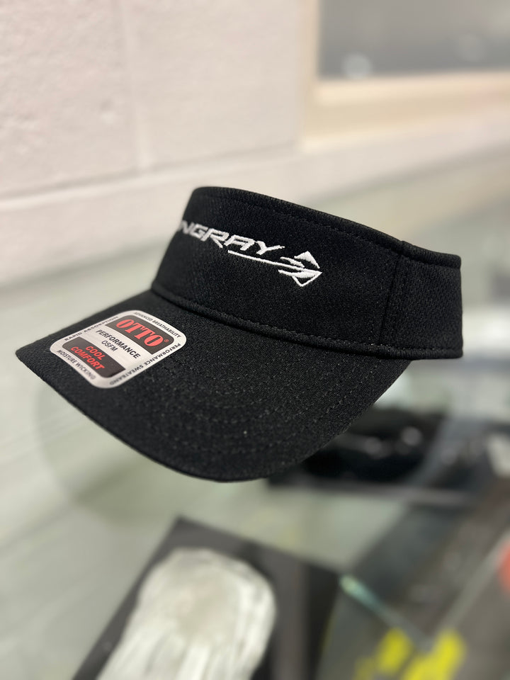 Black Corvette C7 Corvette Stingray visor hat for men, stylish accessory with adjustable strap and embroidered logo.