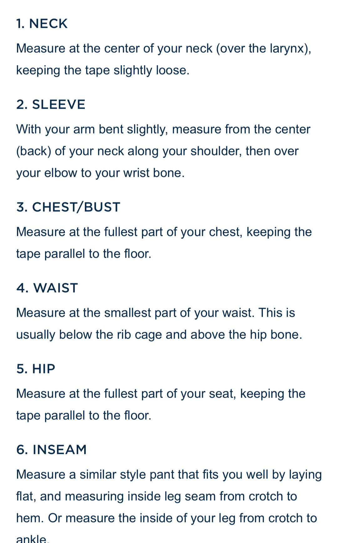 Instructions for measuring various body parts with text on a white background