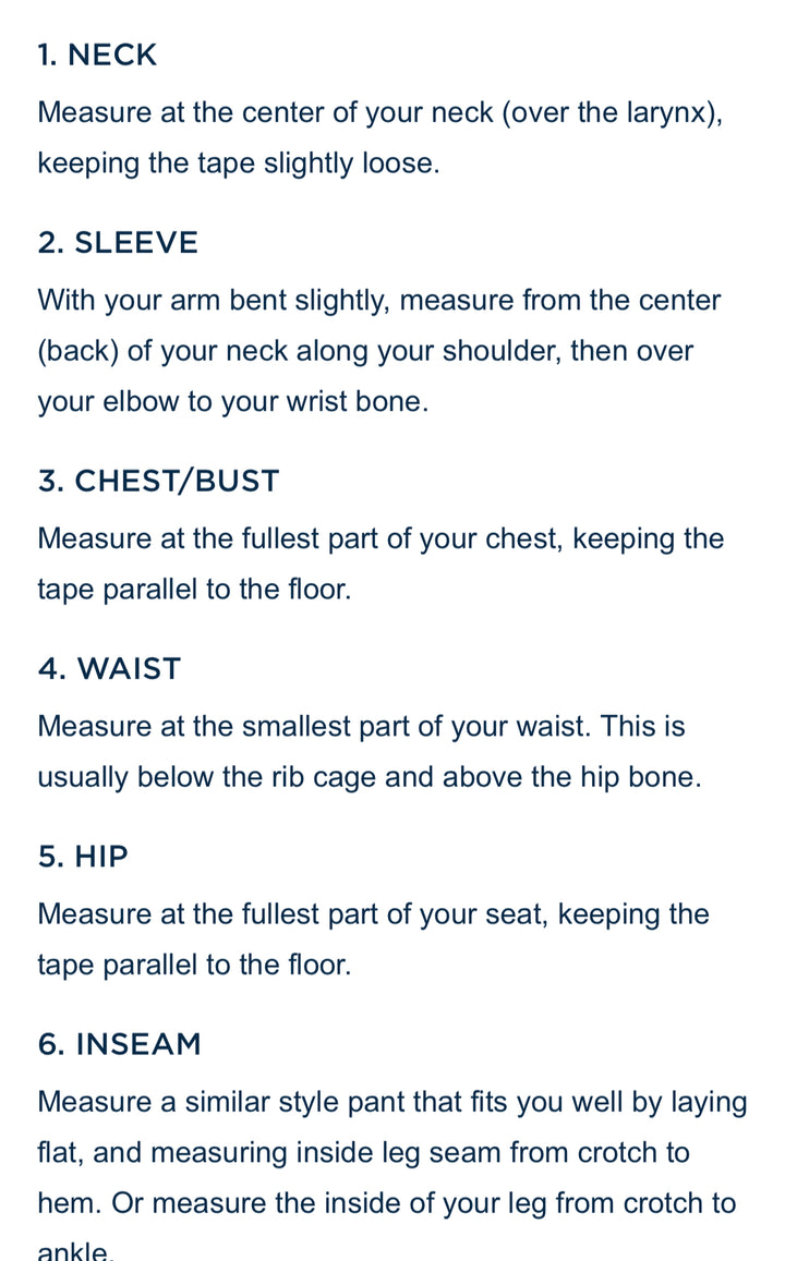 Instructions for measuring various body parts with text on a white background