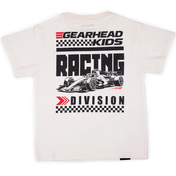 A white short-sleeve t-shirt with a large graphic print on the back featuring a black and white race car, the text 'GEARHEAD KIDS RACING DIVISION' in bold black and red, and checkered flag details.