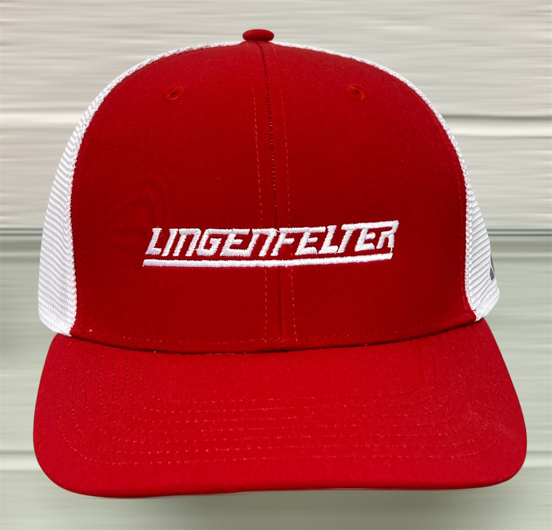 Red cap with white mesh back and 'Lingenfelter' logo on a light white background