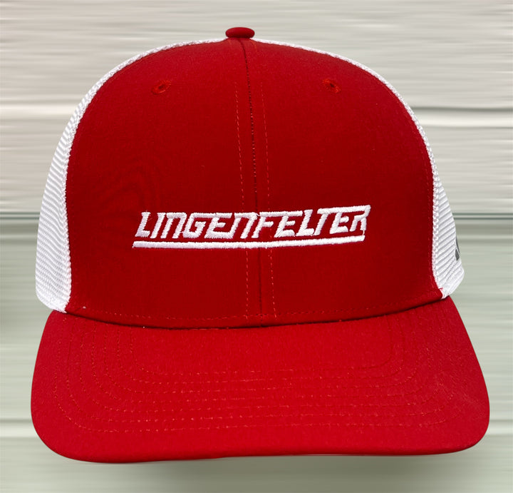 Red cap with white mesh back and 'Lingenfelter' logo on a light white background