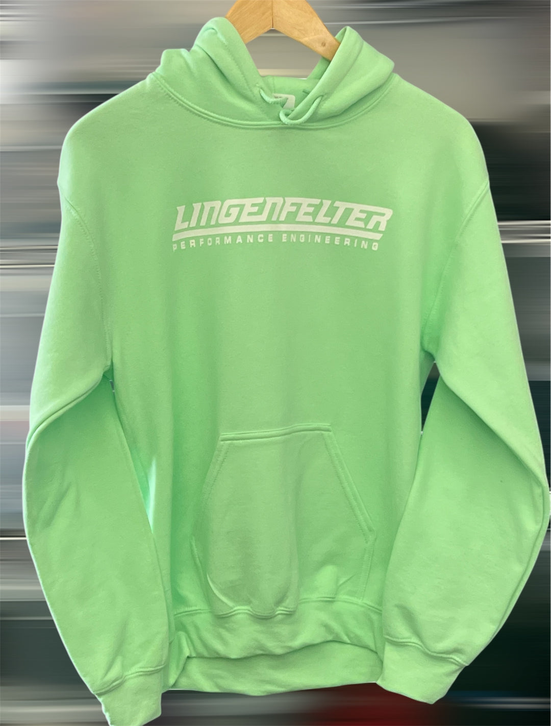 Mint green Lingenfelter Race Gear hoodie for women, soft activewear sweatshirt with a relaxed fit and stylish design.