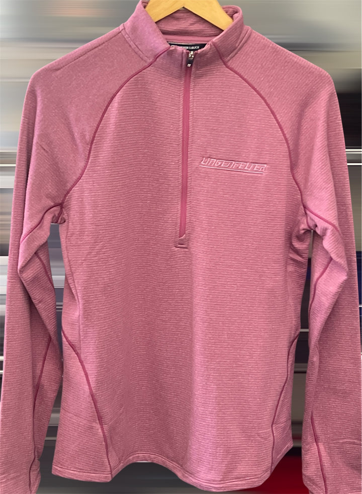 Pink pullover with a brand logo on a hanger against a neutral background