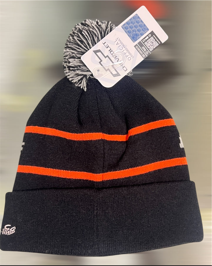 Black and orange knit hat for C8 Corvette fans by Lingenfelter Race Gear, featuring a stylish design and comfortable fit.