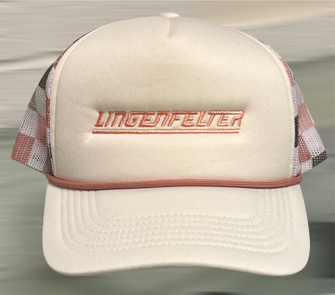 Beige trucker cap with mesh back and red stitching on a neutral background