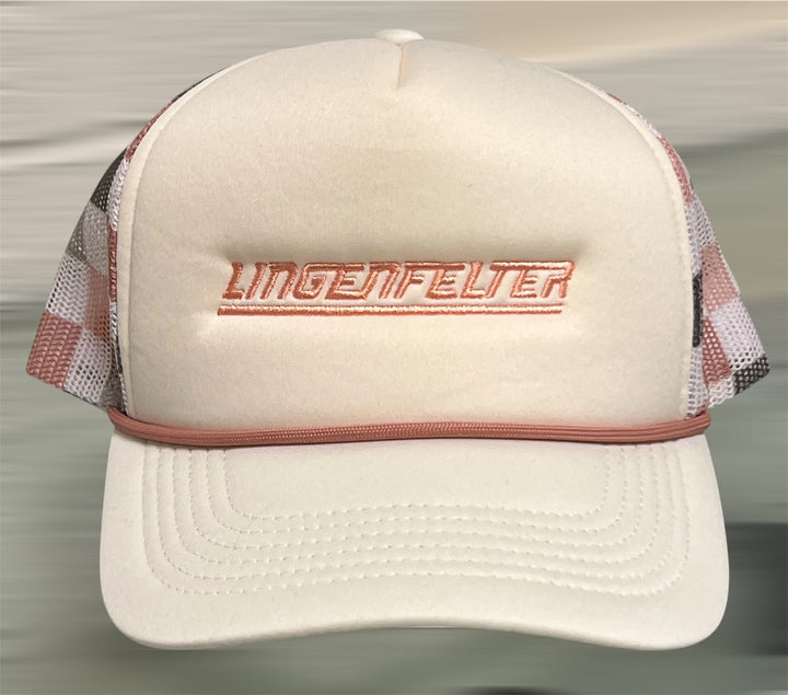 Beige trucker cap with mesh back and red stitching on a neutral background
