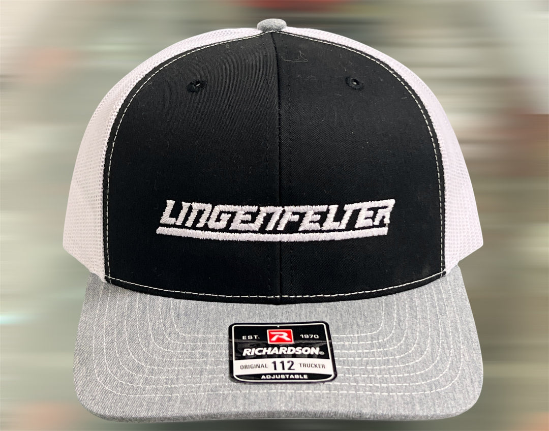 Gray and black Team Lingenfelter mesh snapback hat with white accents, featuring a structured brim and adjustable snap closure.