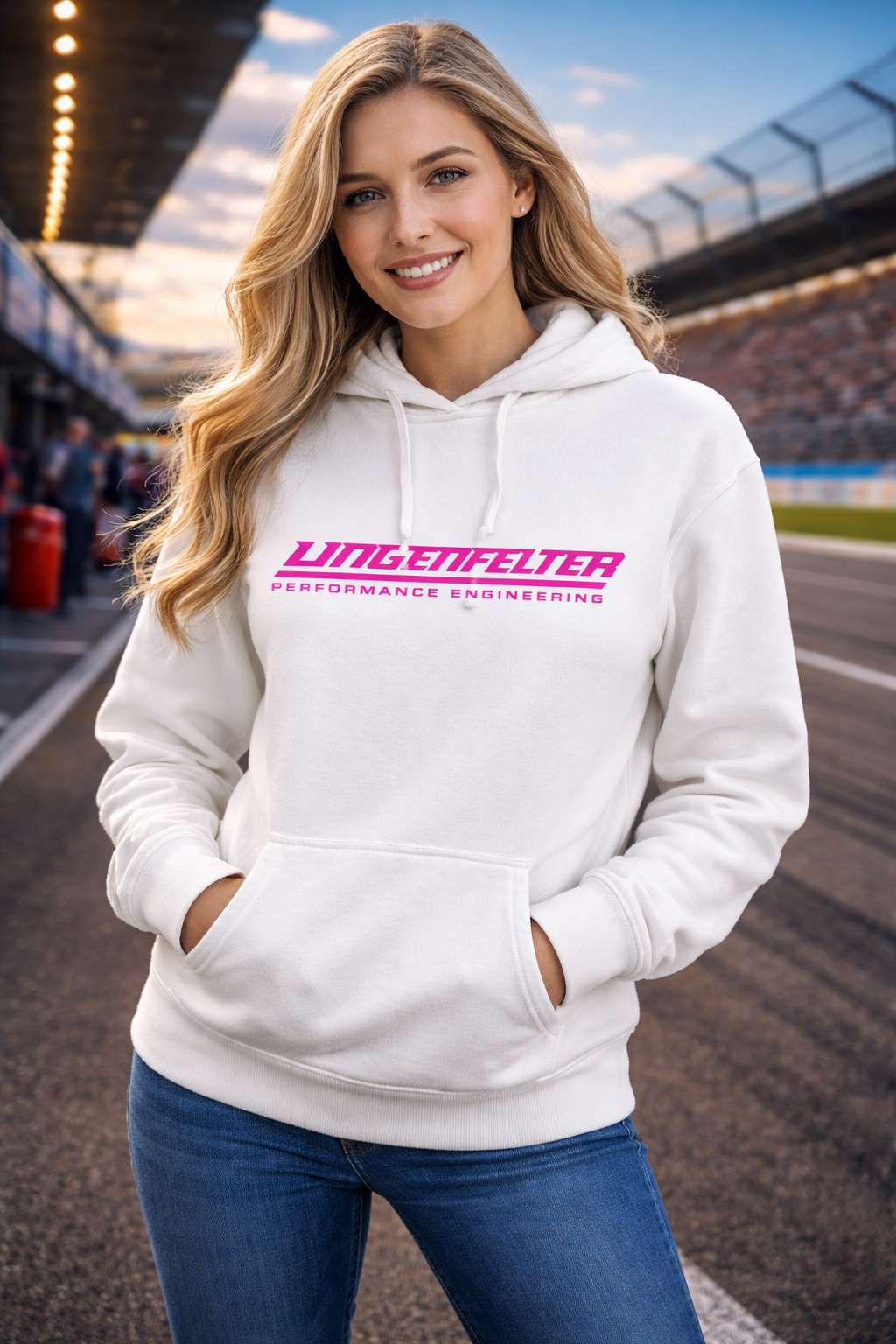 Lingenfelter Race Gear women's ivory fleece hoodie with pink logo, spring 2026 activewear, casual pullover sweatshirt.