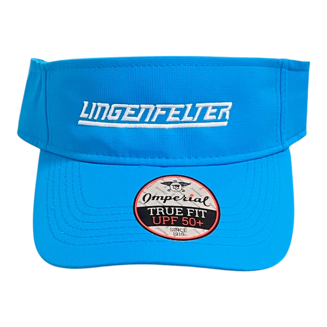 Blue visor cap with 'Lingenfelter' branding on a white background
