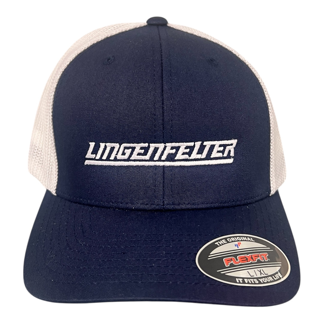 Navy blue and beige cap with Lingenfelter logo on a white background