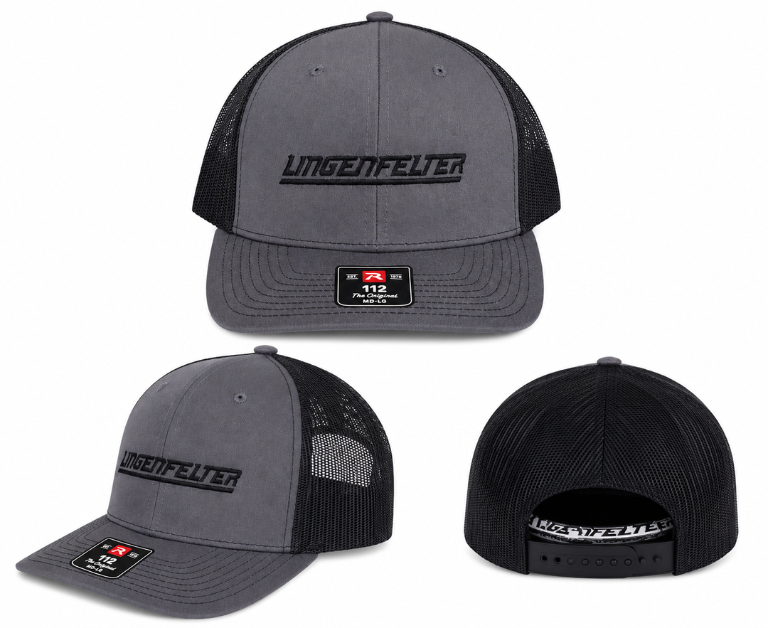 Three views of a gray and black trucker hat with the brand name 'LIMGENFELTER' on the front and back, displayed on a clean white background.