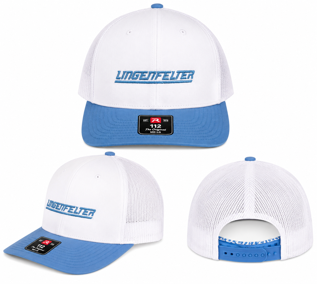 Three views of a white and blue trucker cap with 'LINGENFELTER' embroidered on the front, shown on a plain white background.