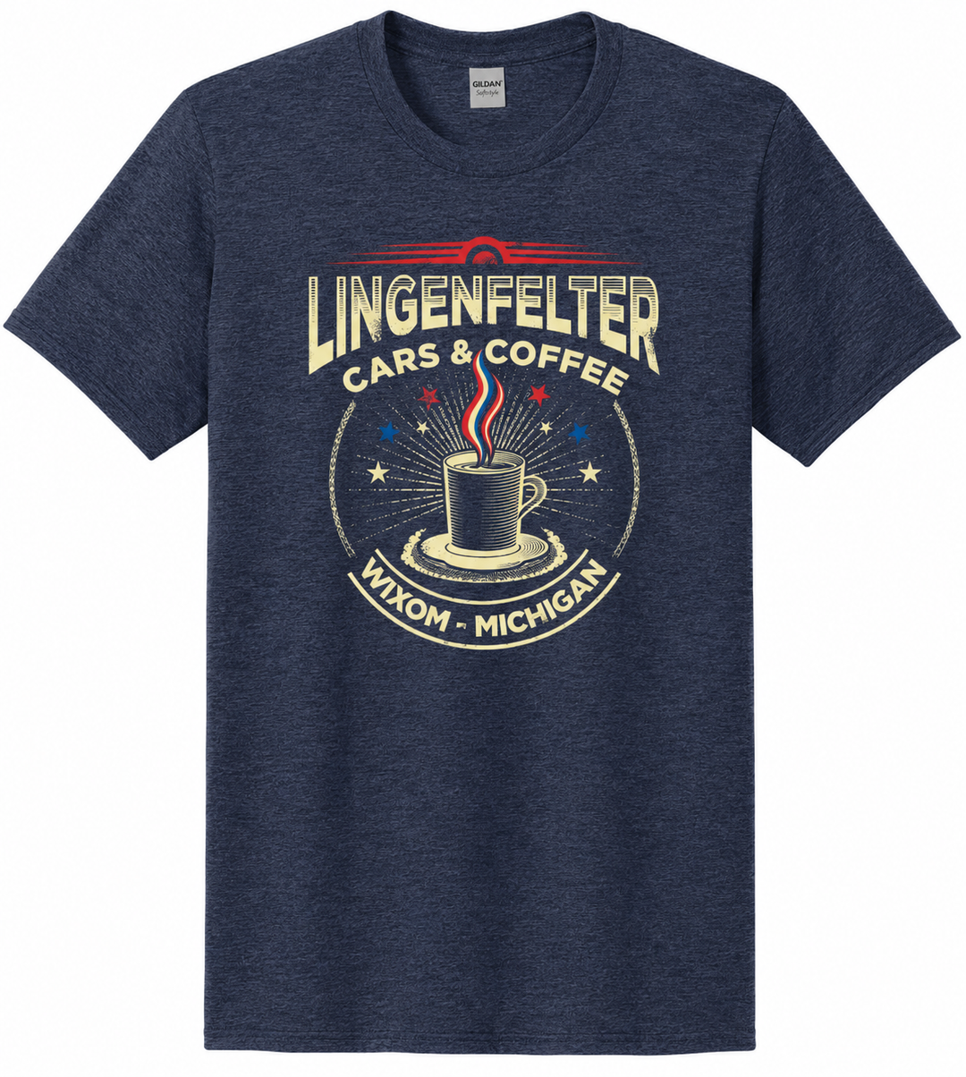 Navy blue t-shirt with Lingenfelter Cars & Coffee graphic on a white background