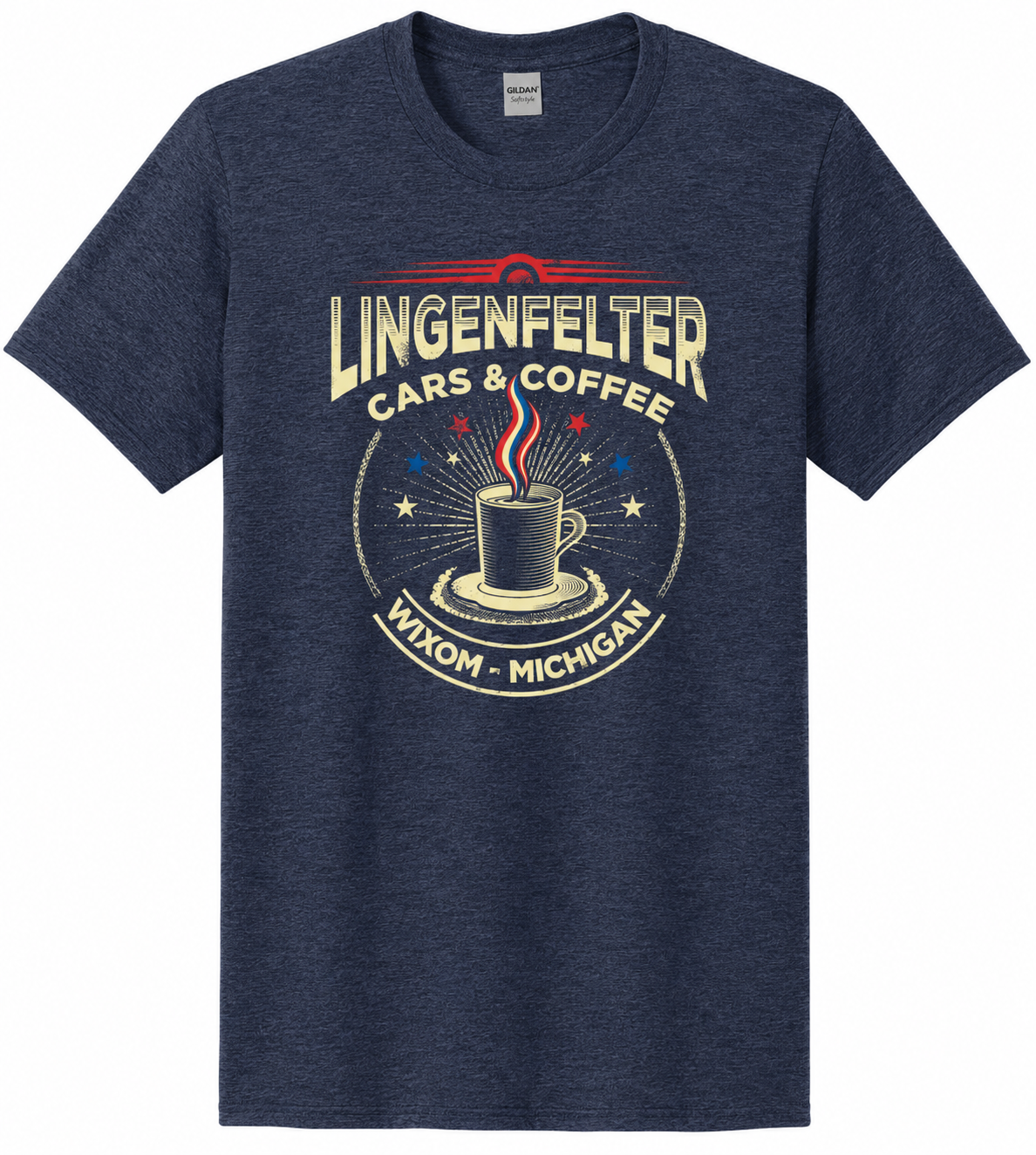 Navy blue t-shirt with Lingenfelter Cars & Coffee graphic on a white background