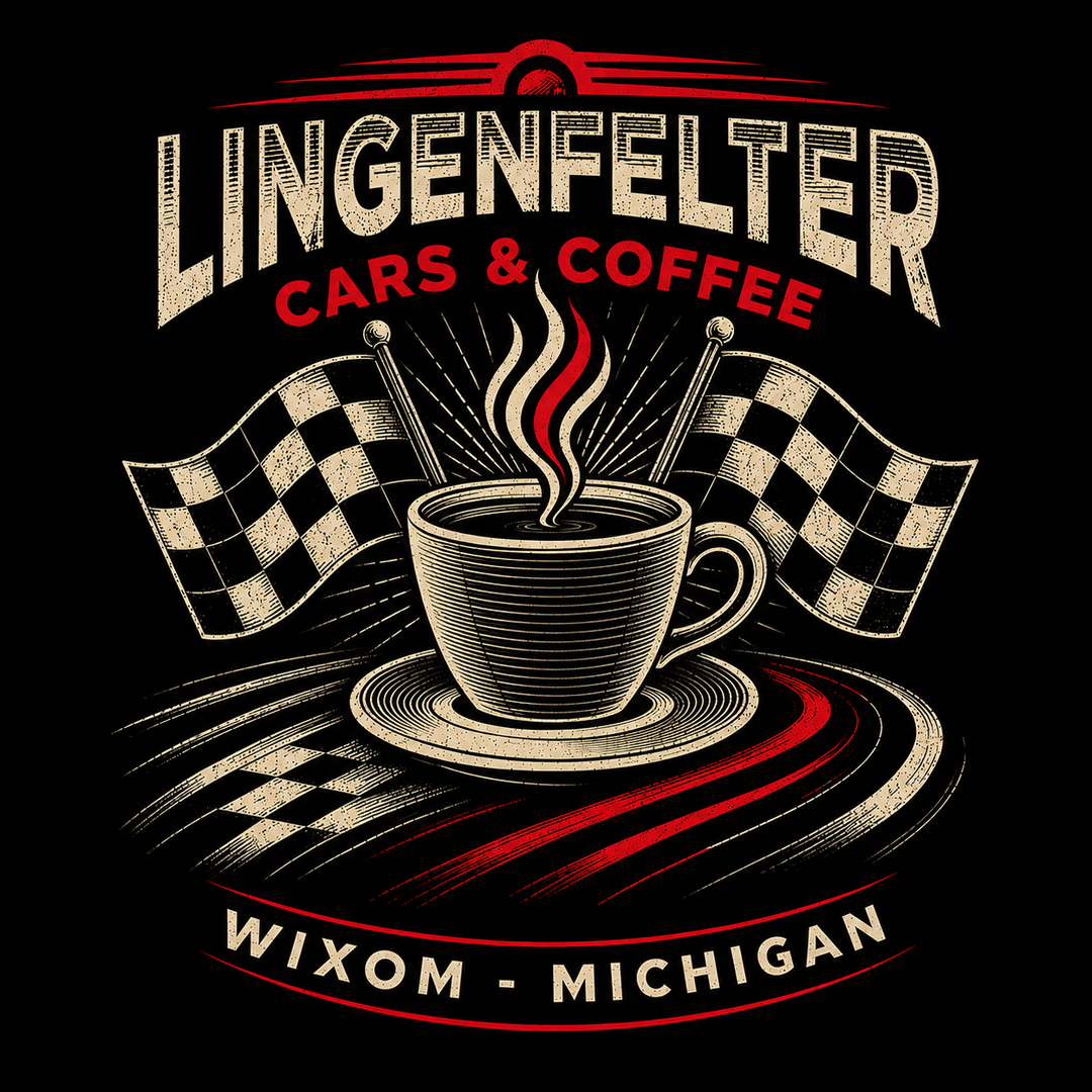 A graphic design featuring a coffee cup on a saucer with steam, flanked by checkered flags, with the text 'LINGENFELTER CARS & COFFEE' and 'WIXOM - MICHIGAN' on a black background.
