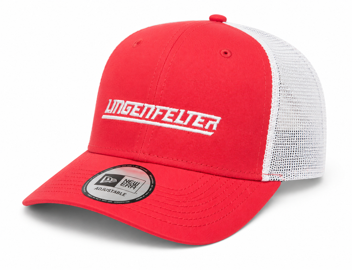 A red and white trucker hat with 'LINGENTFELTER' embroidered in white on the front panel and a New Era 9FIFTY adjustable sticker on the brim, set against a plain white background.