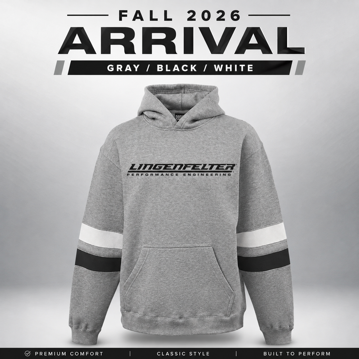 A gray pullover hoodie with black and white sleeve stripes and a black Lingenfelter Performance Engineering logo on the chest, shown against a light gray gradient background with 'FALL 2026 ARRIVAL' text above.