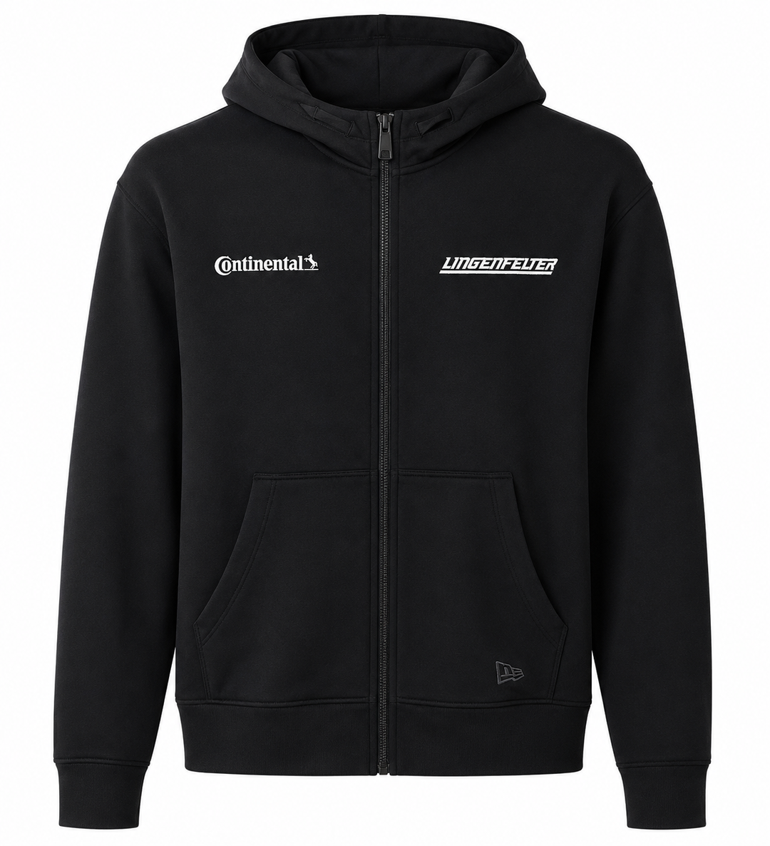 A black zip-up hoodie featuring white printed logos on the chest, including Continental's and Undefiled, with a small dark New Era flag logo near the lower right pocket, shown against a plain white background.