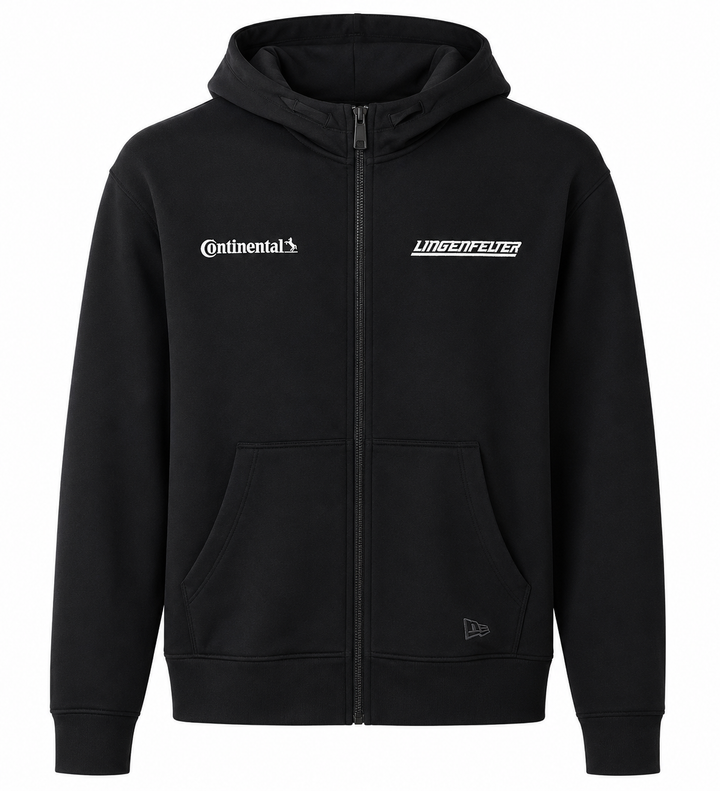 A black zip-up hoodie featuring white printed logos on the chest, including Continental's and Undefiled, with a small dark New Era flag logo near the lower right pocket, shown against a plain white background.