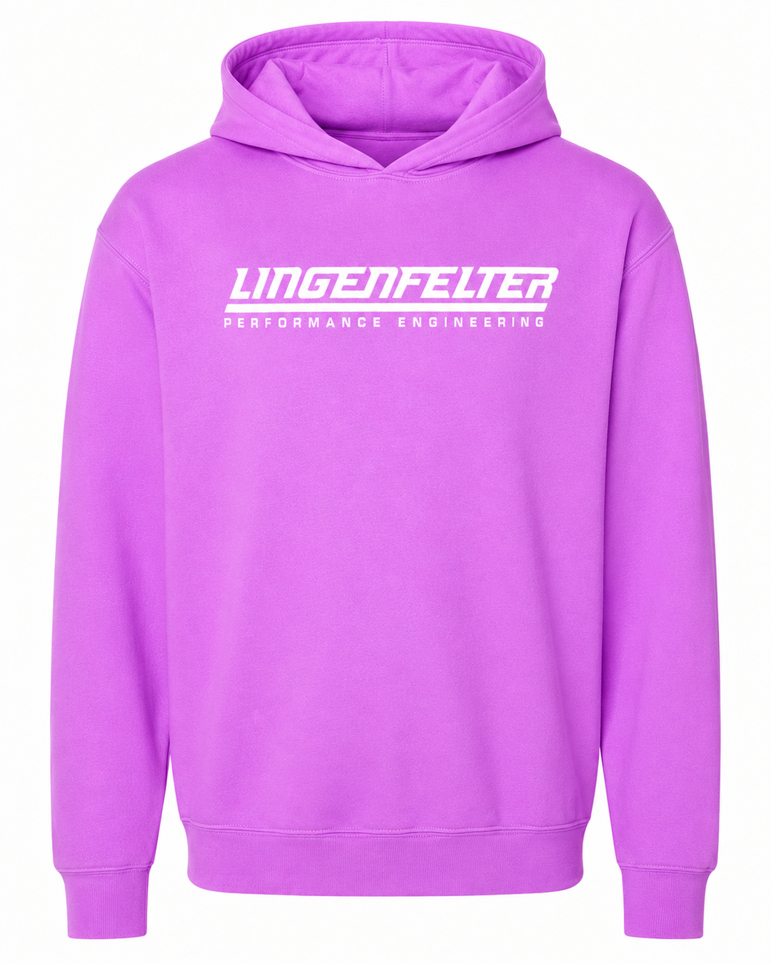 A bright purple pullover hoodie with 'LINGENFELTER PERFORMANCE ENGINEERING' printed in white across the chest, shown against a plain white background.