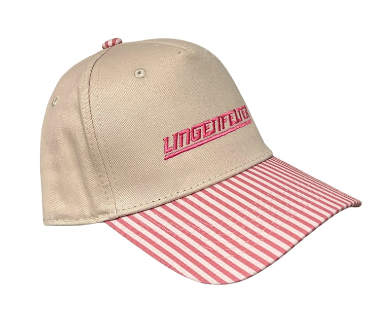Pink striped Lingenfelter ladies' hat from spring 2026 collection by Team Lingenfelter, featuring a stylish wide brim and feminine design.