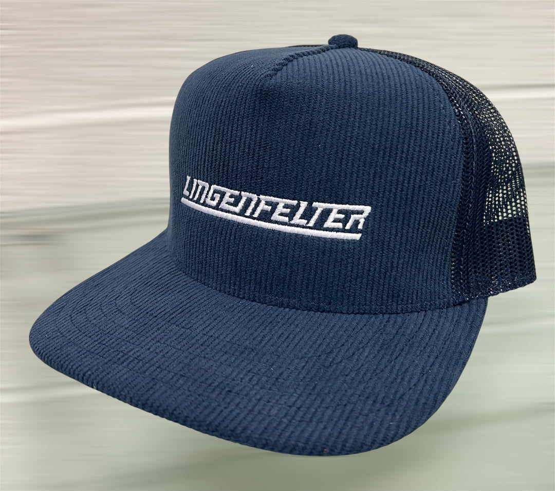 Lingenfelter navy corduroy mesh back hat with embroidered logo, casual men's baseball cap by Team Lingenfelter.