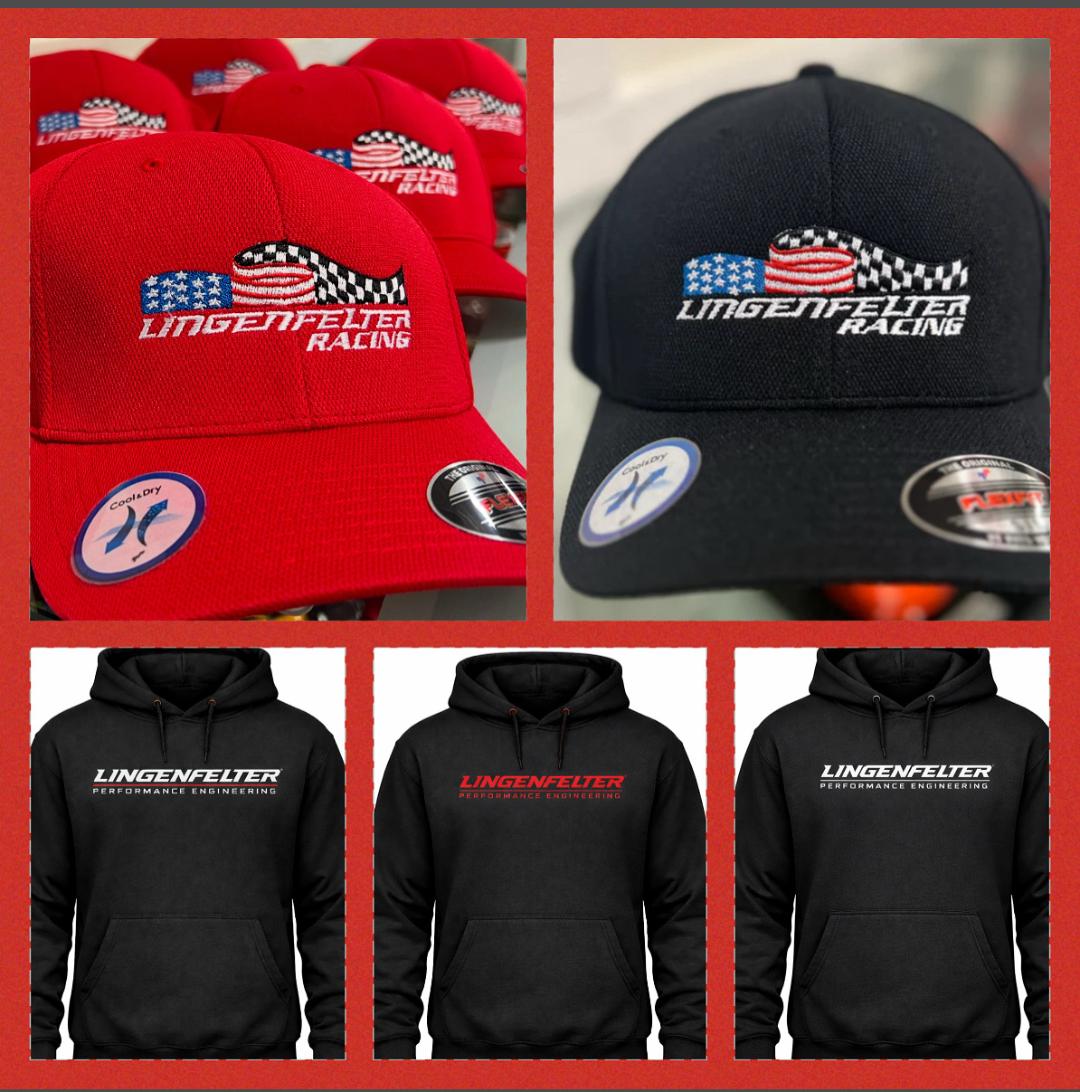 Collage of Lingenfelter Racing merchandise including hats and hoodies.