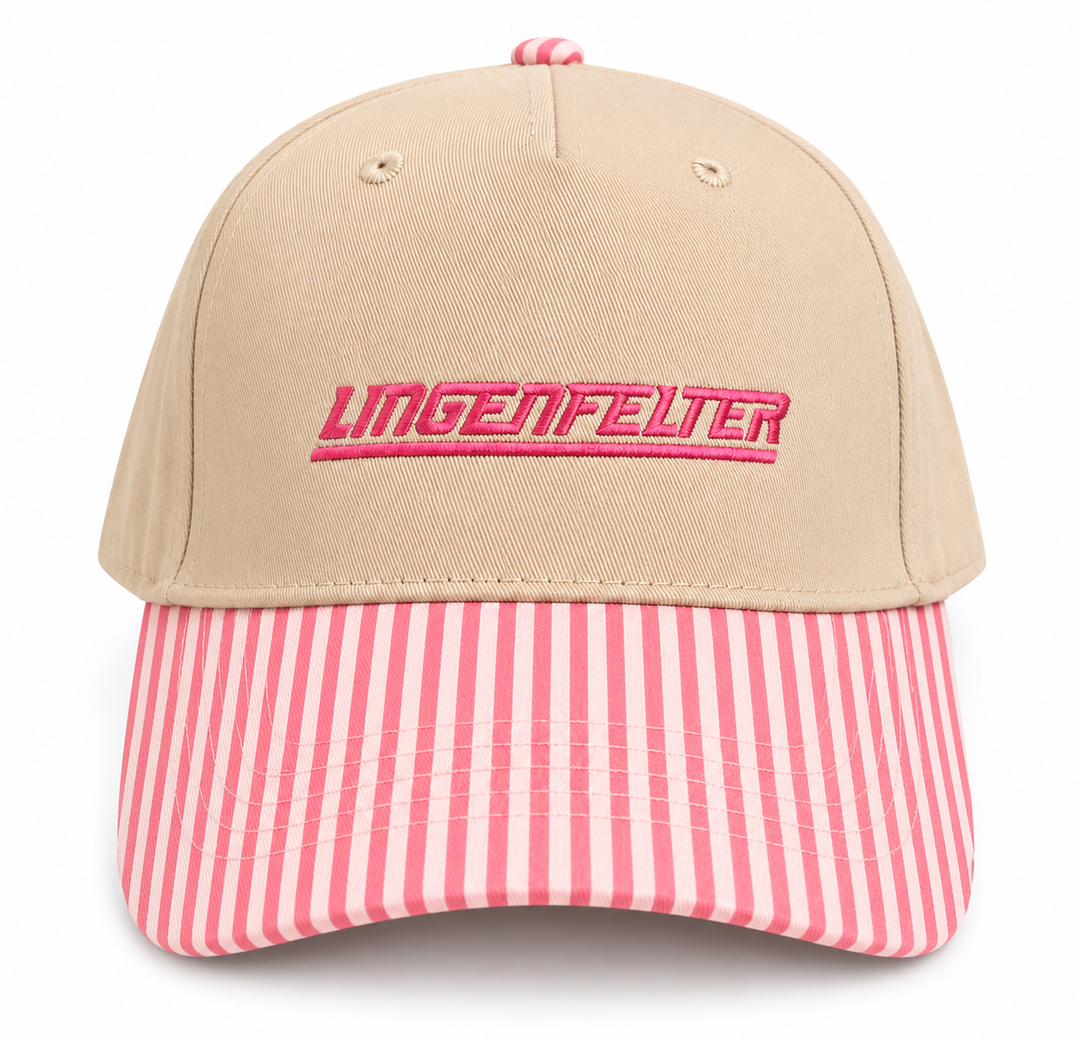 A beige baseball cap with a pink and white striped brim and a pink embroidered 'LINGENFELTER' logo on the front, shown against a plain white background.