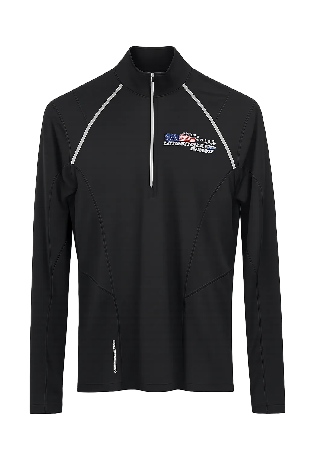 A black long-sleeve quarter-zip athletic pullover with white contrast stitching details and a custom printed logo on the left chest, displayed on a solid white background.
