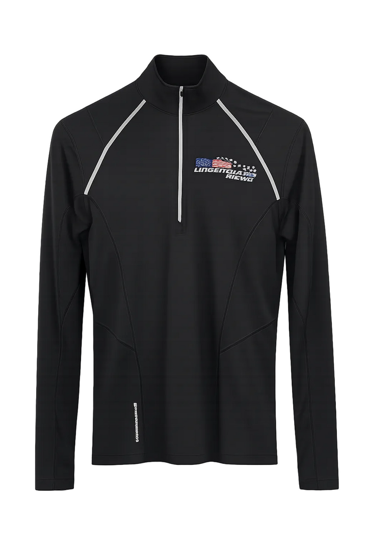 A black long-sleeve quarter-zip athletic pullover with white contrast stitching details and a custom printed logo on the left chest, displayed on a solid white background.
