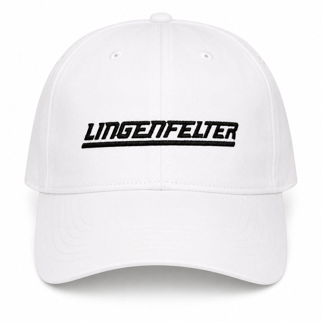 A white baseball cap with the brand name 'LINGENFELTER' embroidered in black stylized text across the front, set against a plain white background.