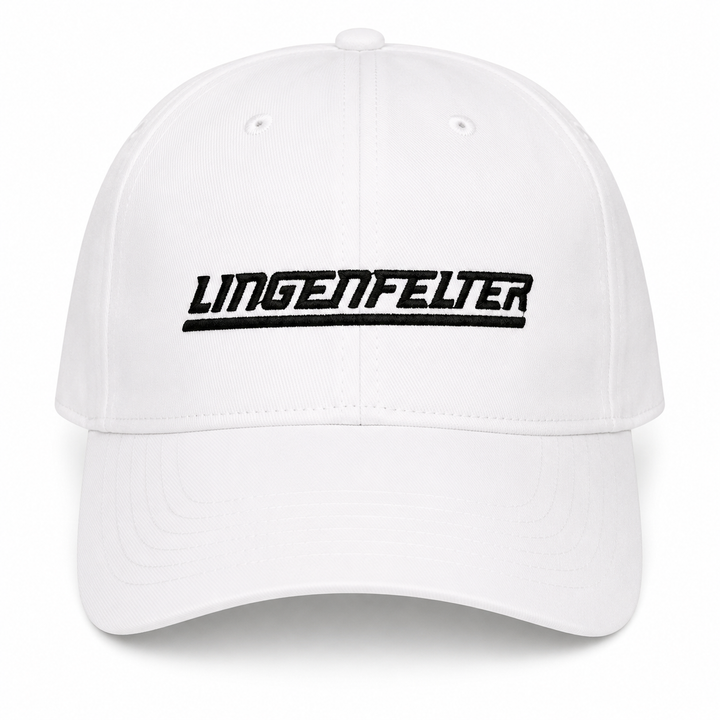 A white baseball cap with the brand name 'LINGENFELTER' embroidered in black stylized text across the front, set against a plain white background.