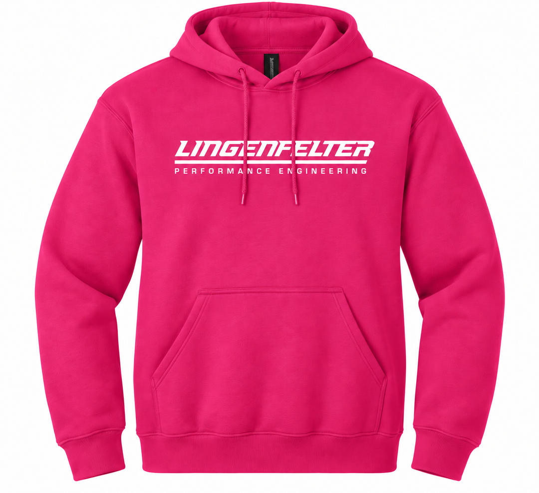 A bright pink pullover hoodie with a white 'LINGENFELTER PERFORMANCE ENGINEERING' logo printed across the chest, displayed on a clean white background.