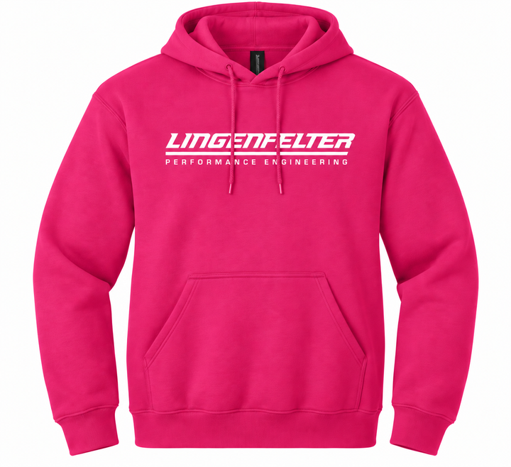 A bright pink pullover hoodie with a white 'LINGENFELTER PERFORMANCE ENGINEERING' logo printed across the chest, displayed on a clean white background.